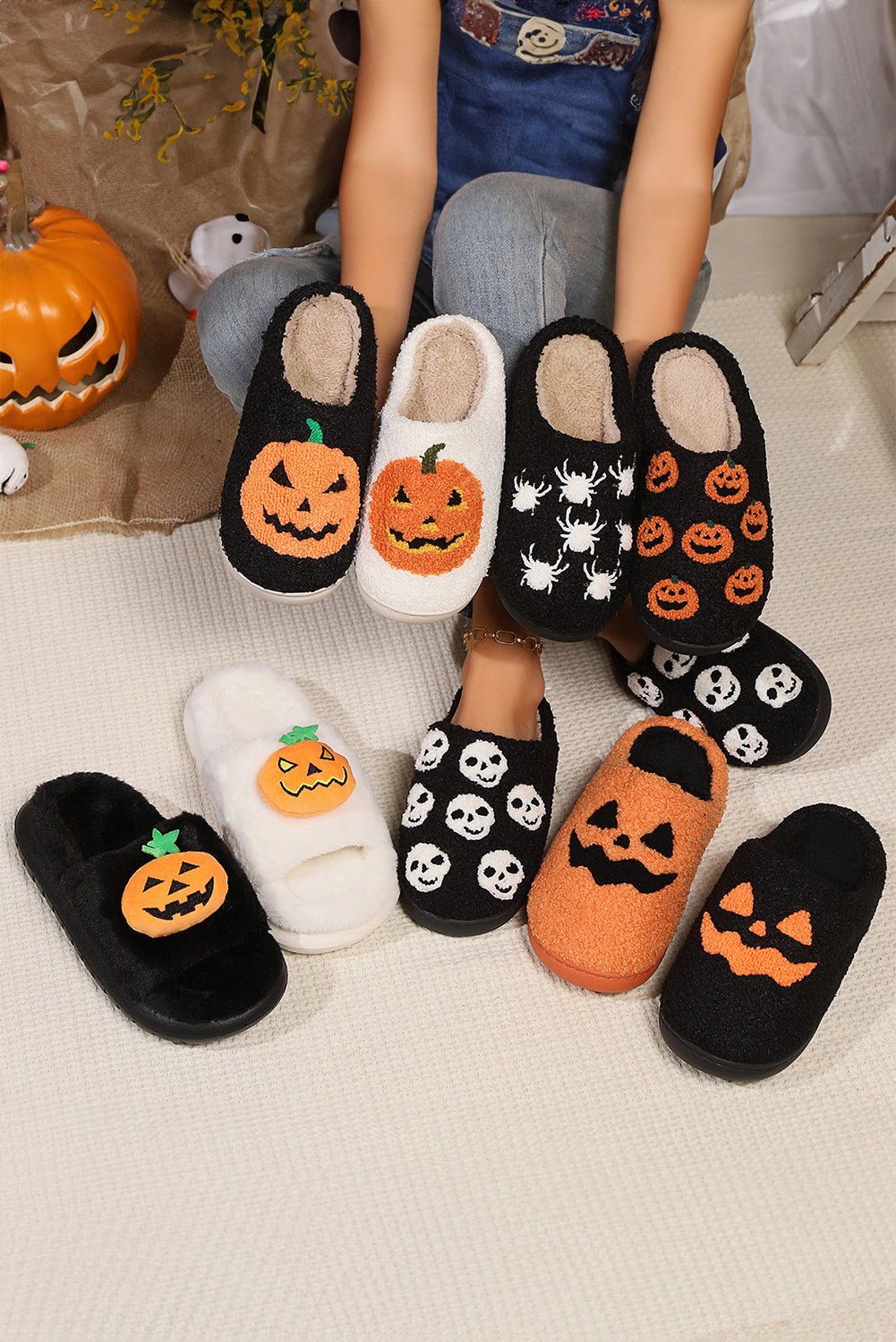 Black Halloween Pumpkin Print Plush Slippers - Creative Designs by Shanny