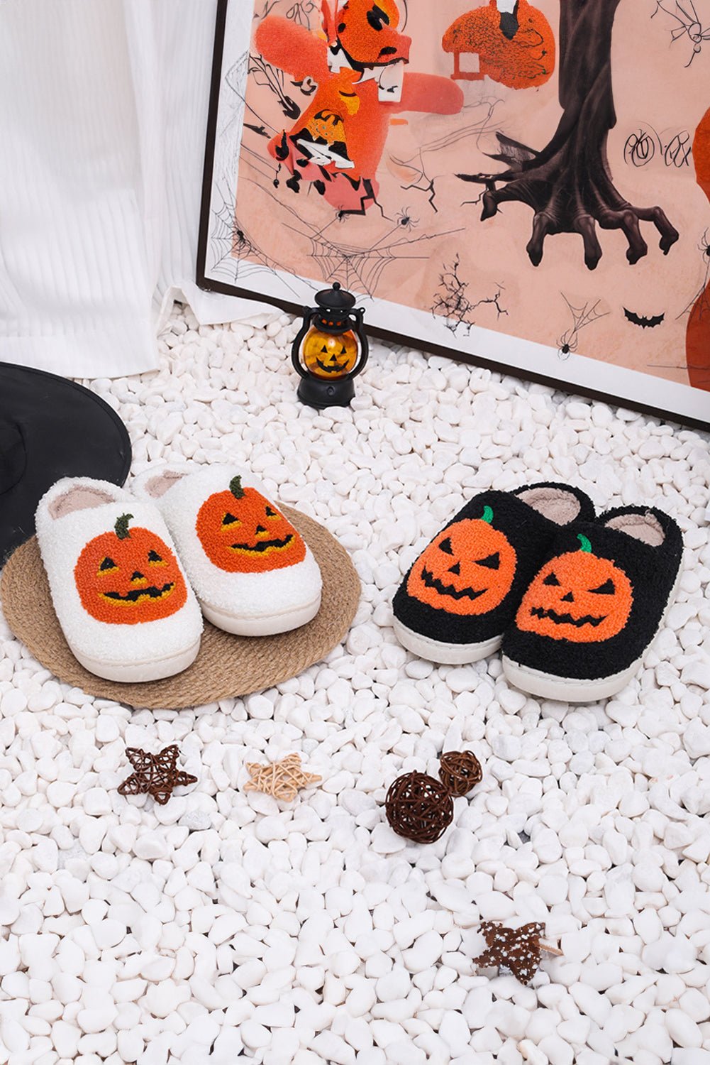 Black Halloween Pumpkin Print Plush Slippers - Creative Designs by Shanny