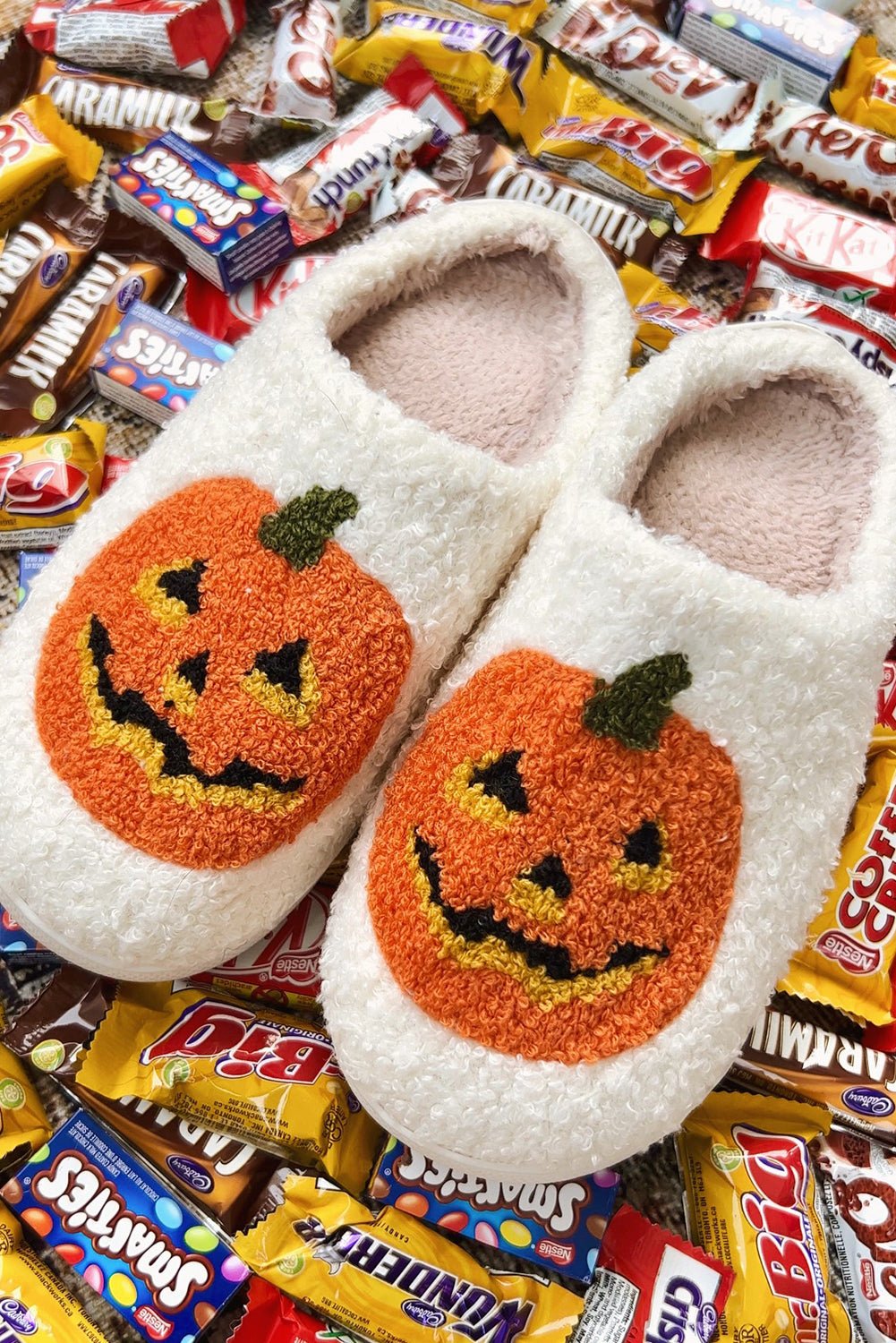 Black Halloween Pumpkin Print Plush Slippers - Creative Designs by Shanny