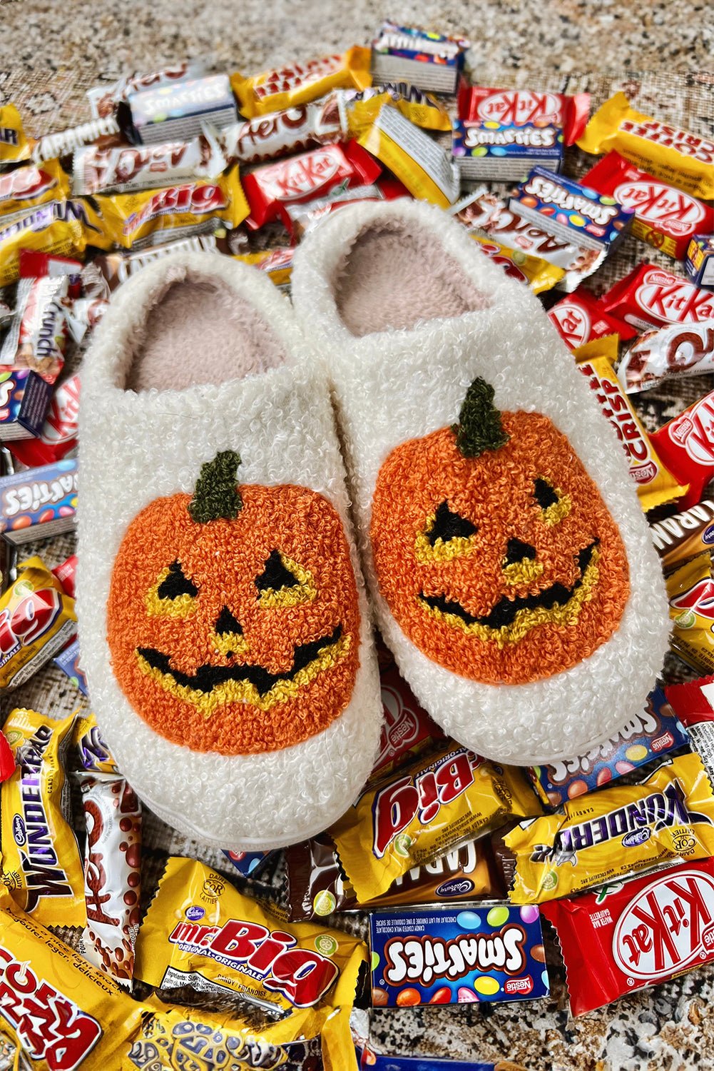 Black Halloween Pumpkin Print Plush Slippers - Creative Designs by Shanny