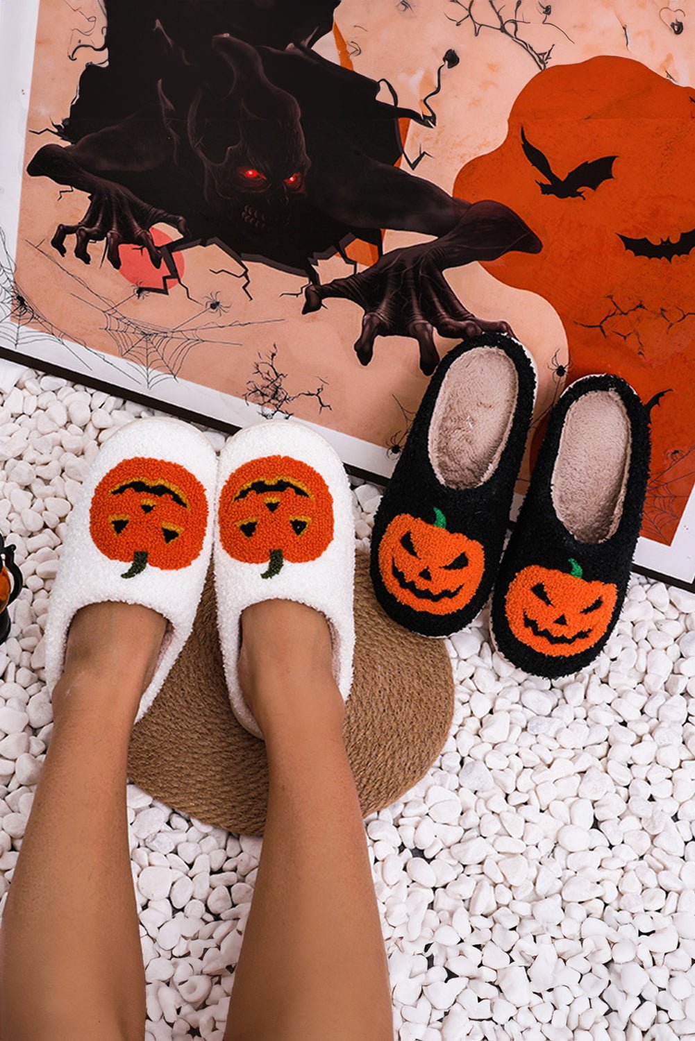 Black Halloween Pumpkin Print Plush Slippers - Creative Designs by Shanny