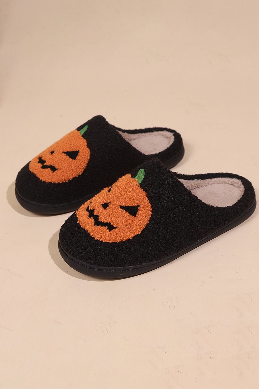 Black Halloween Pumpkin Print Plush Slippers - Creative Designs by Shanny