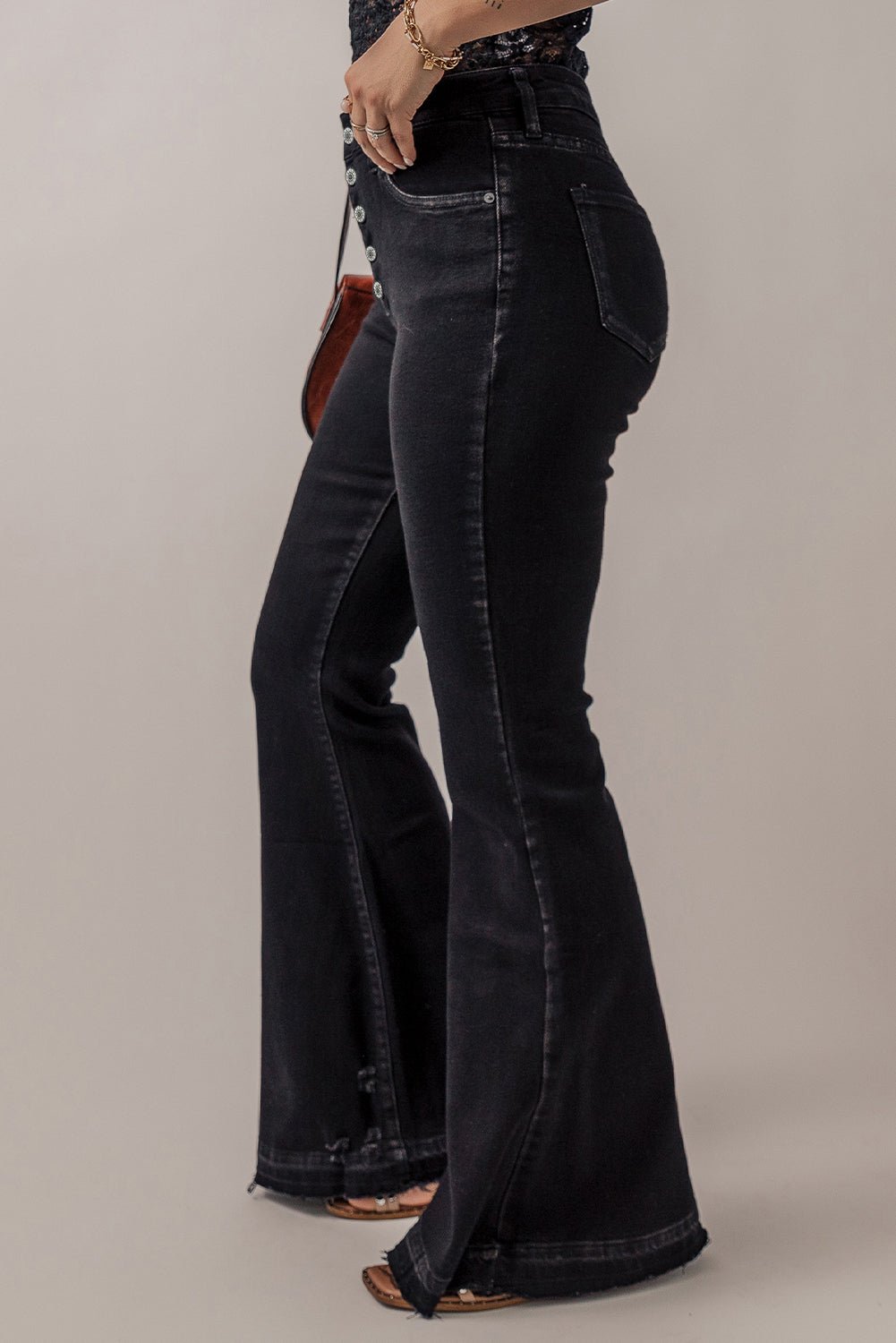 Black High Waist Button Front Flare Jeans - Creative Designs by Shanny