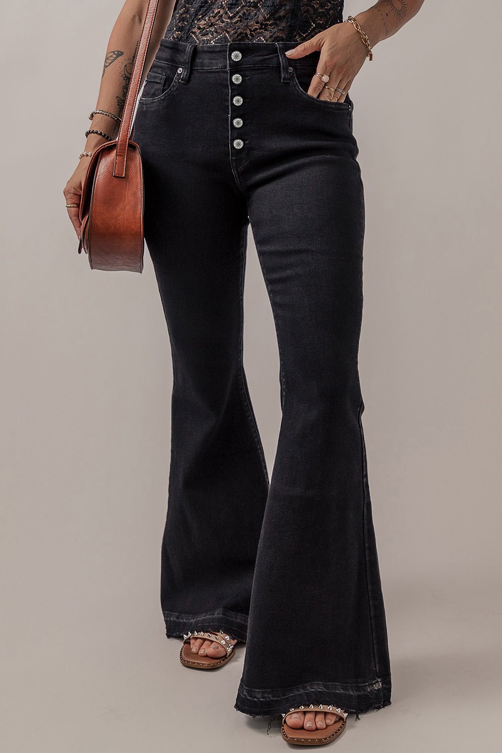 Black High Waist Button Front Flare Jeans - Creative Designs by Shanny