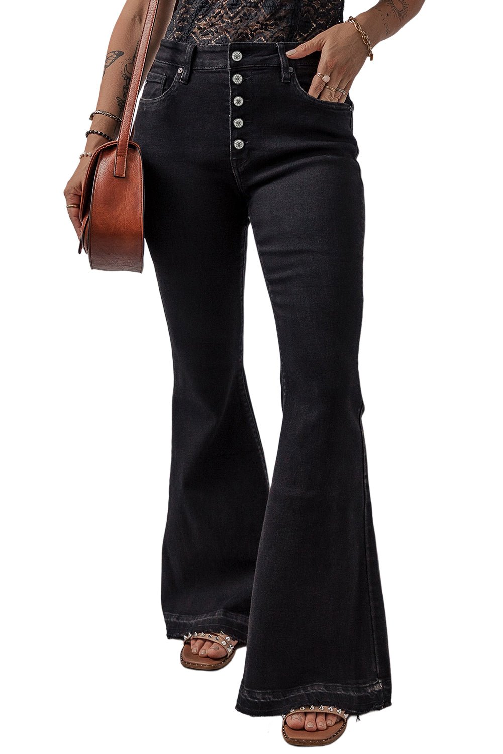 Black High Waist Button Front Flare Jeans - Creative Designs by Shanny