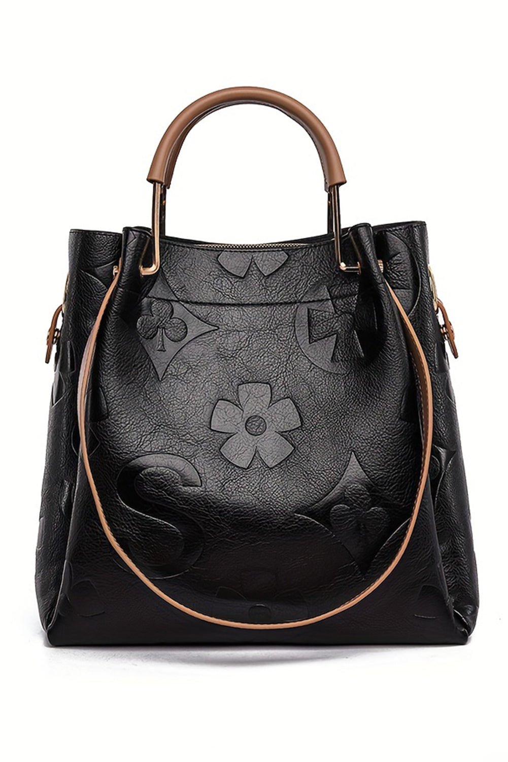 Black Leather Vintage Embossed Shoulder Bag with Handle - Creative Designs by Shanny