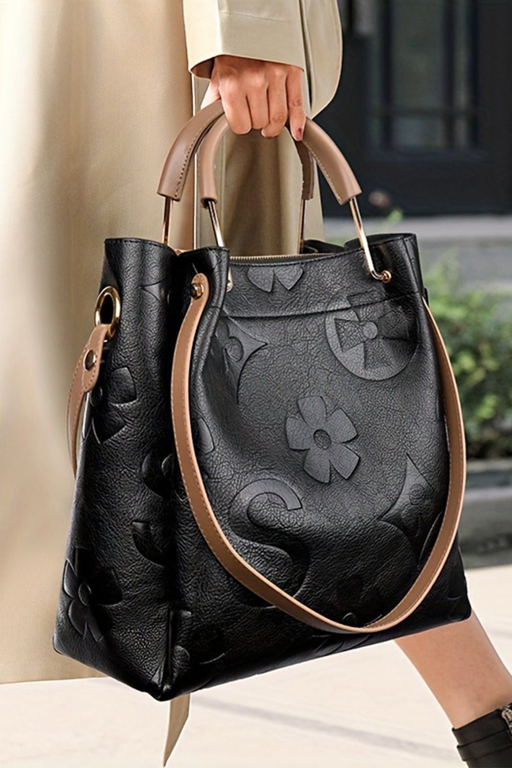 Black Leather Vintage Embossed Shoulder Bag with Handle - Creative Designs by Shanny