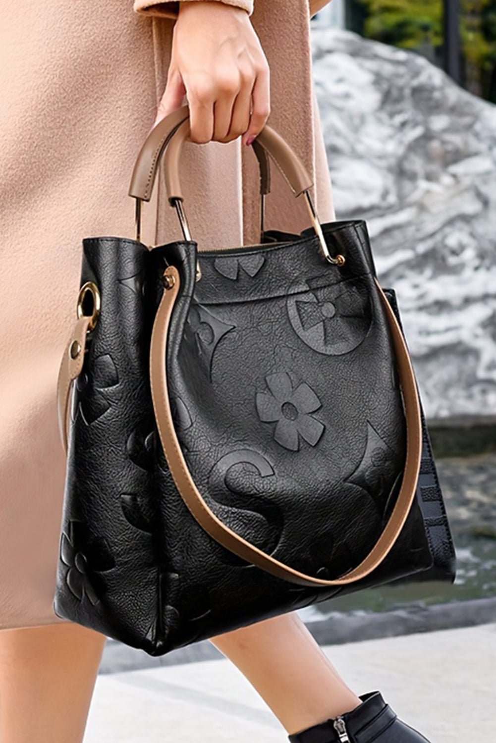 Black Leather Vintage Embossed Shoulder Bag with Handle - Creative Designs by Shanny