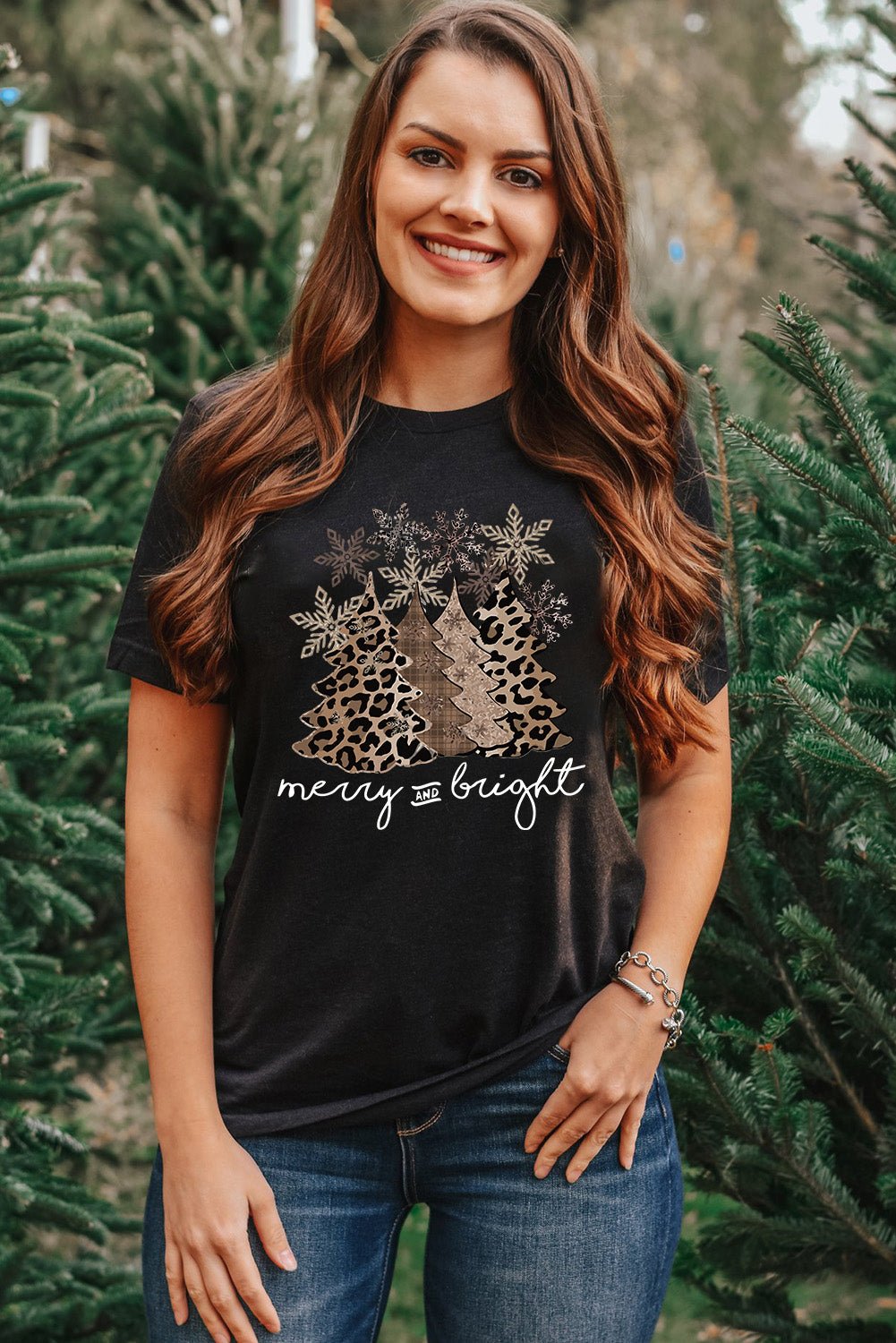 Black Leopard Christmas Tree Crew Neck Graphic T Shirt - Creative Designs by Shanny