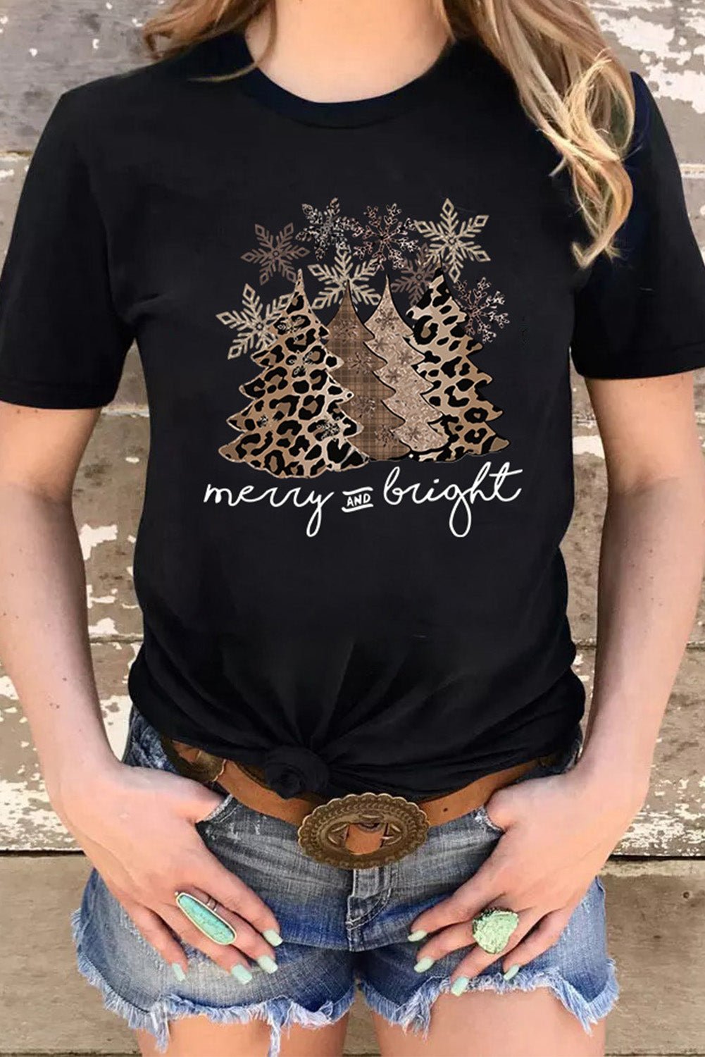 Black Leopard Christmas Tree Crew Neck Graphic T Shirt - Creative Designs by Shanny