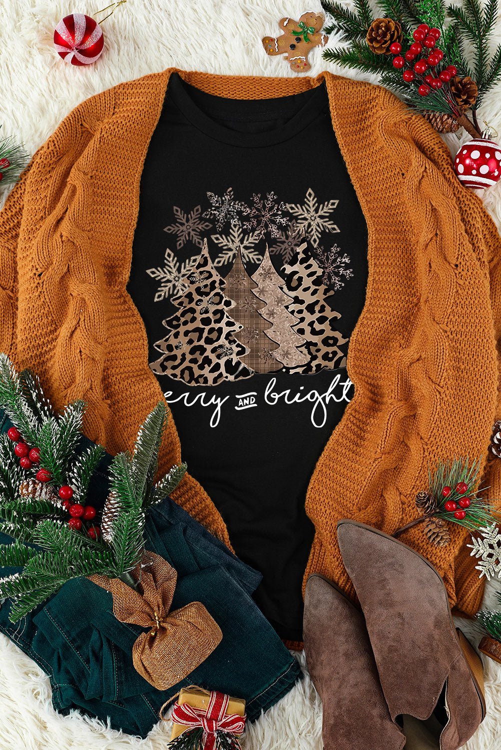 Black Leopard Christmas Tree Crew Neck Graphic T Shirt - Creative Designs by Shanny