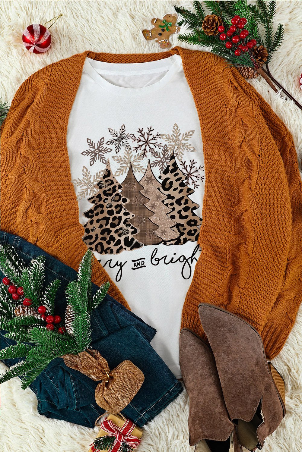 Black Leopard Christmas Tree Crew Neck Graphic T Shirt - Creative Designs by Shanny