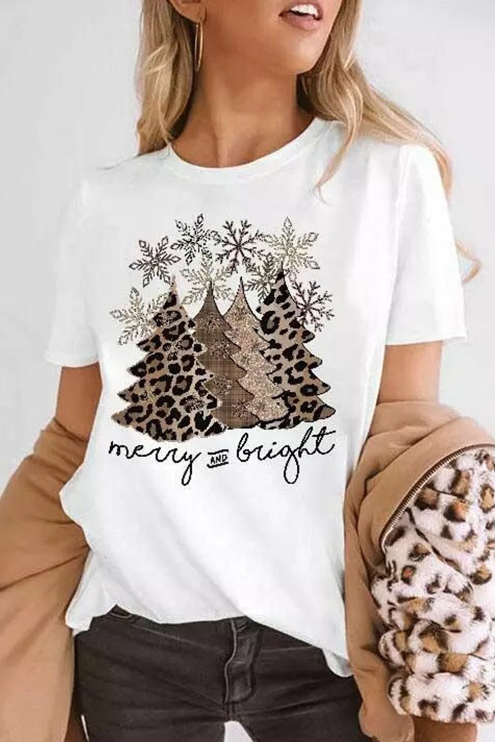 Black Leopard Christmas Tree Crew Neck Graphic T Shirt - Creative Designs by Shanny