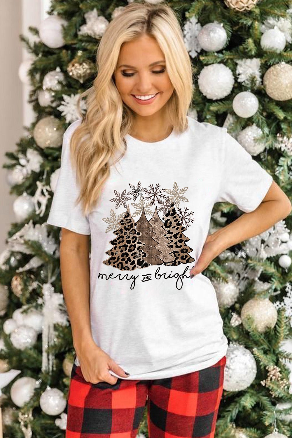 Black Leopard Christmas Tree Crew Neck Graphic T Shirt - Creative Designs by Shanny