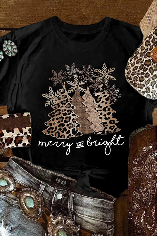 Black Leopard Christmas Tree Crew Neck Graphic T Shirt - Creative Designs by Shanny