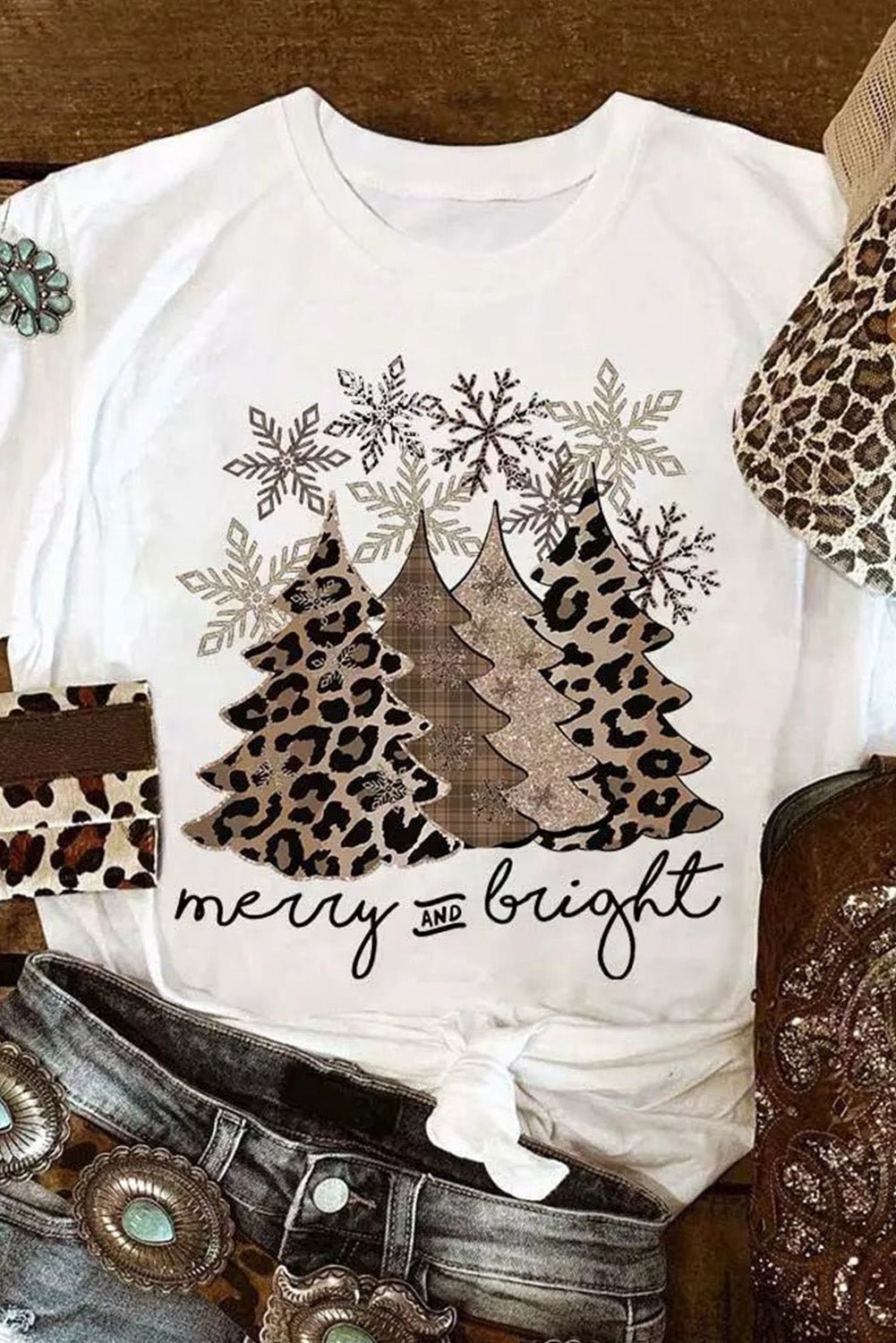 Black Leopard Christmas Tree Crew Neck Graphic T Shirt - Creative Designs by Shanny