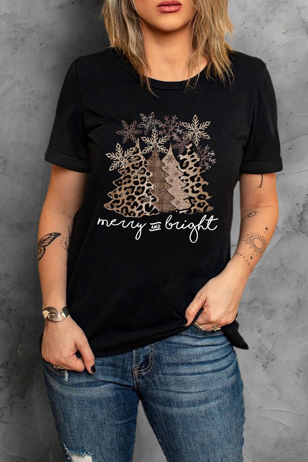 Black Leopard Christmas Tree Crew Neck Graphic T Shirt - Creative Designs by Shanny