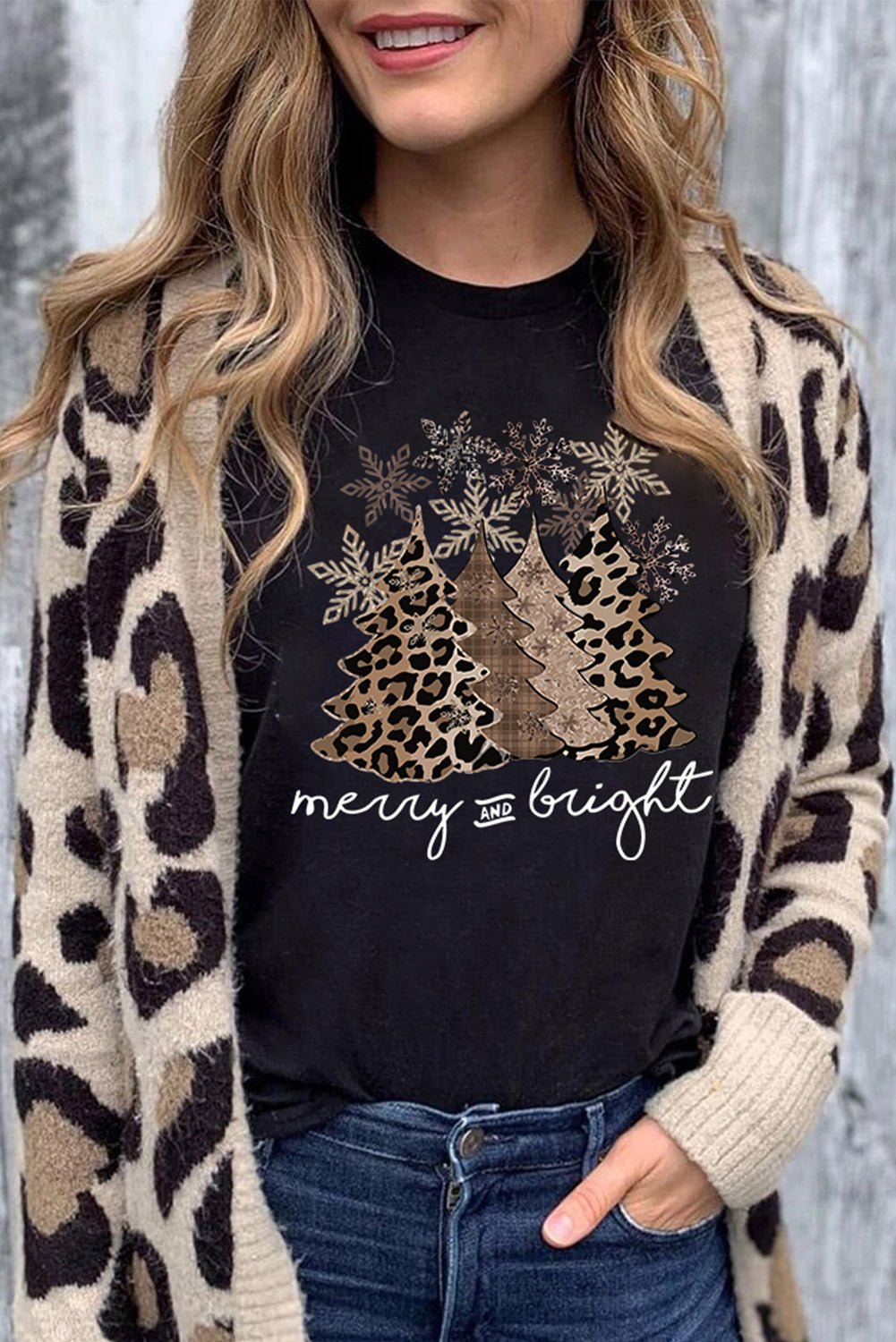 Black Leopard Christmas Tree Crew Neck Graphic T Shirt - Creative Designs by Shanny