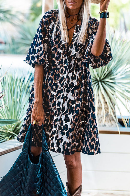 Black Leopard Puff Sleeve Buttons Front Shirt Dress - Creative Designs by Shanny