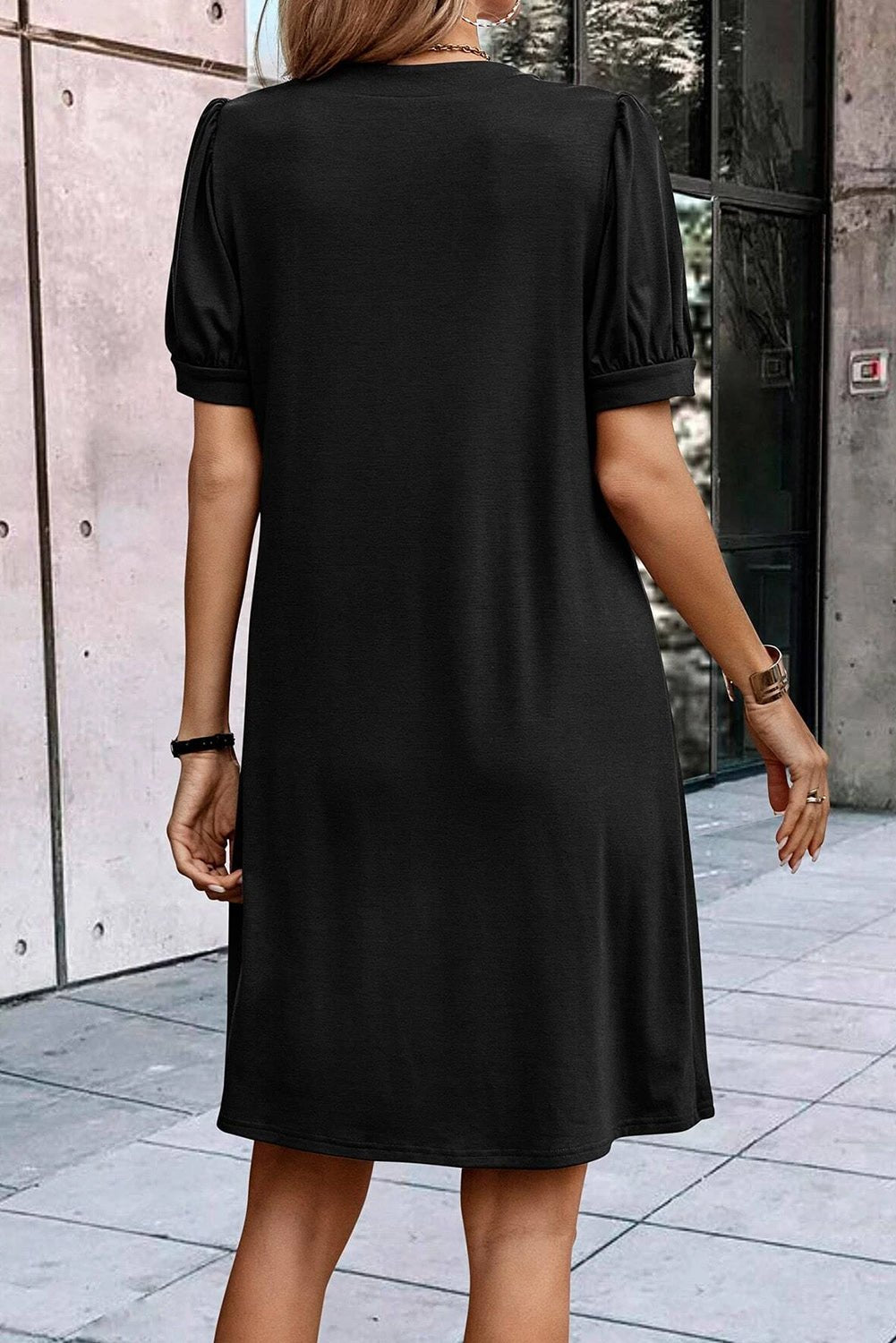 Black Notched Neck Pleated Puff Sleeve Shift T-shirt Dress - Creative Designs by Shanny