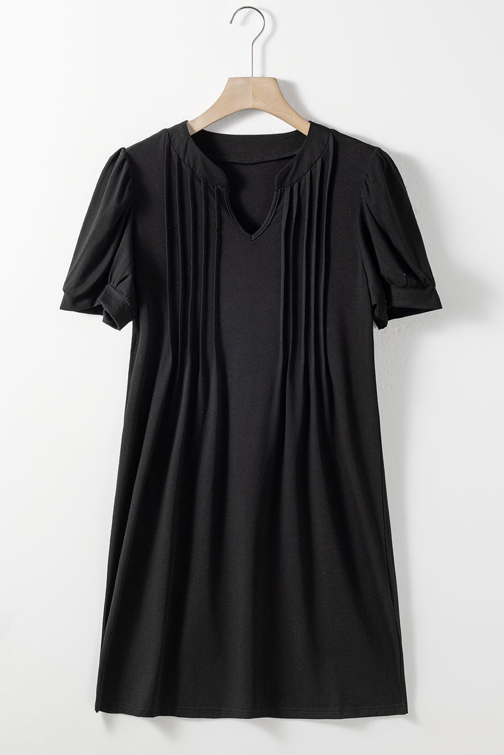 Black Notched Neck Pleated Puff Sleeve Shift T-shirt Dress - Creative Designs by Shanny