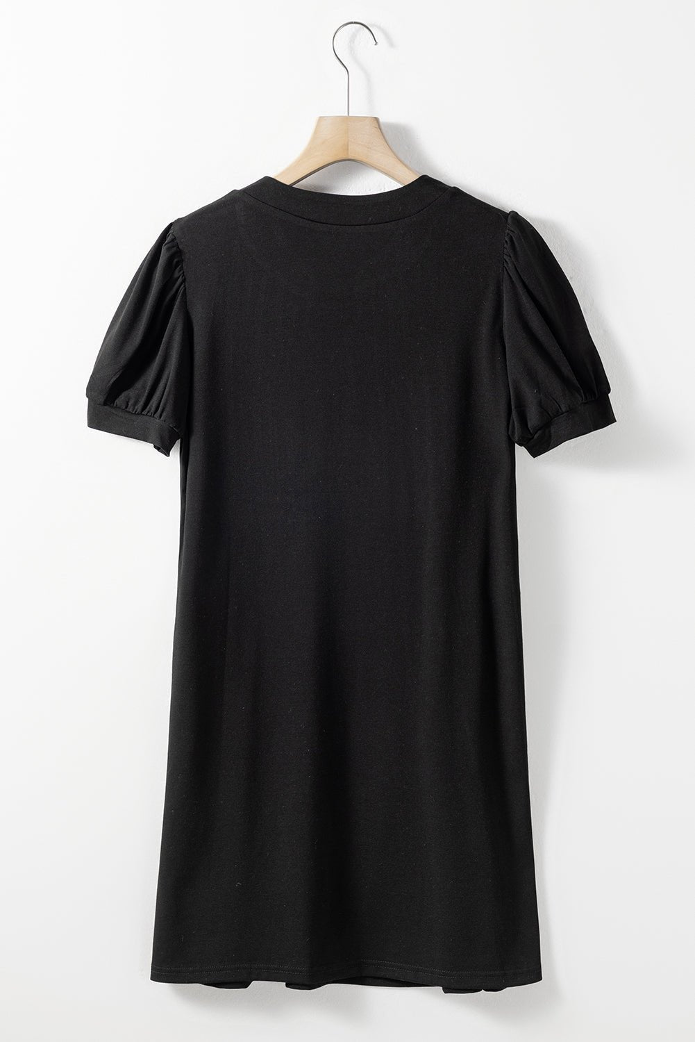 Black Notched Neck Pleated Puff Sleeve Shift T-shirt Dress - Creative Designs by Shanny