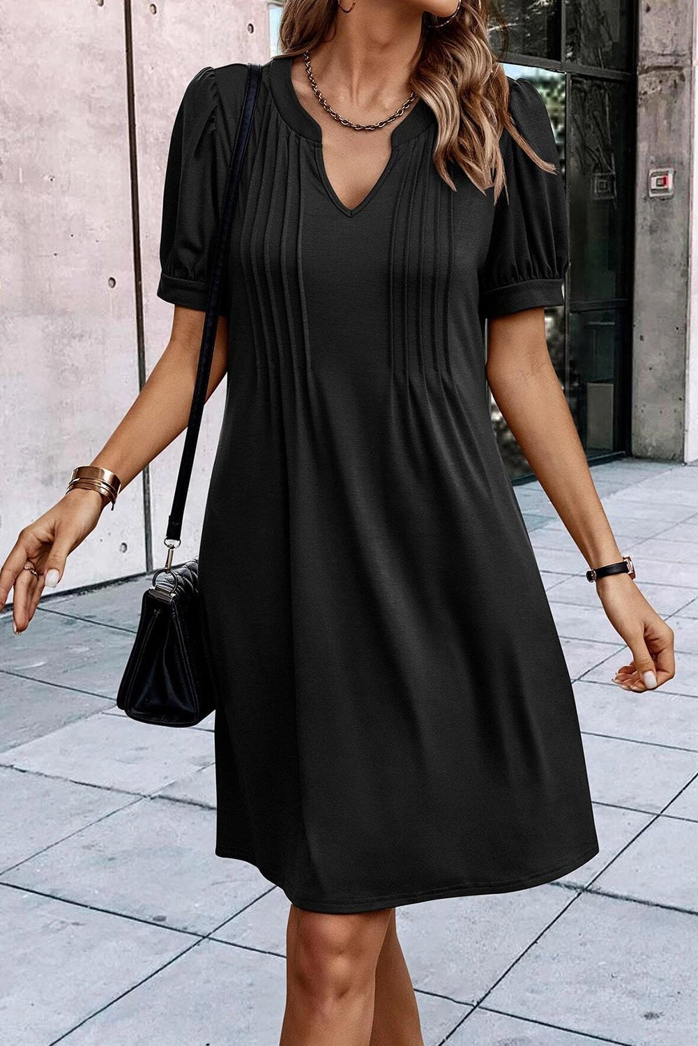 Black Notched Neck Pleated Puff Sleeve Shift T-shirt Dress - Creative Designs by Shanny