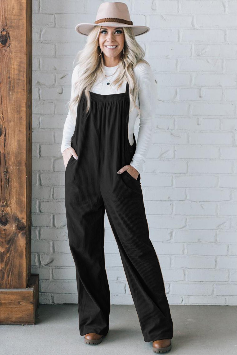 Black Plain Pocketed Loose Fit Corduroy Overalls - Creative Designs by Shanny