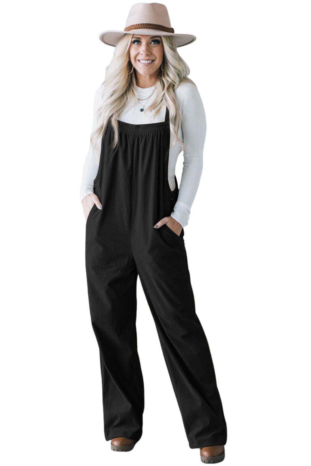 Black Plain Pocketed Loose Fit Corduroy Overalls - Creative Designs by Shanny