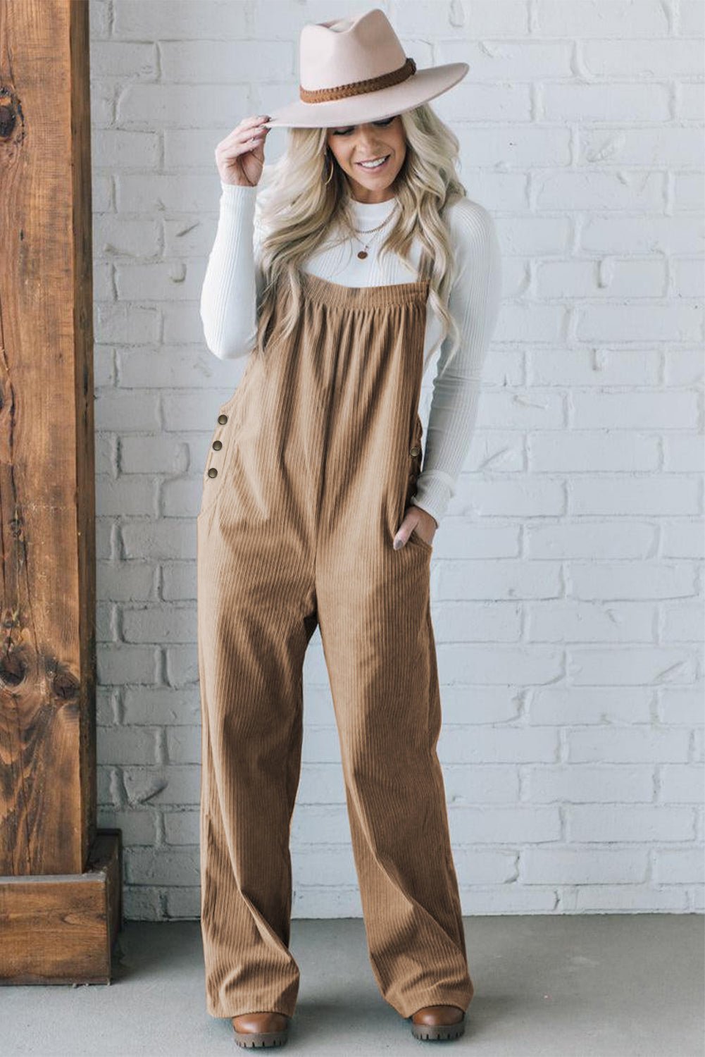 Black Plain Pocketed Loose Fit Corduroy Overalls - Creative Designs by Shanny