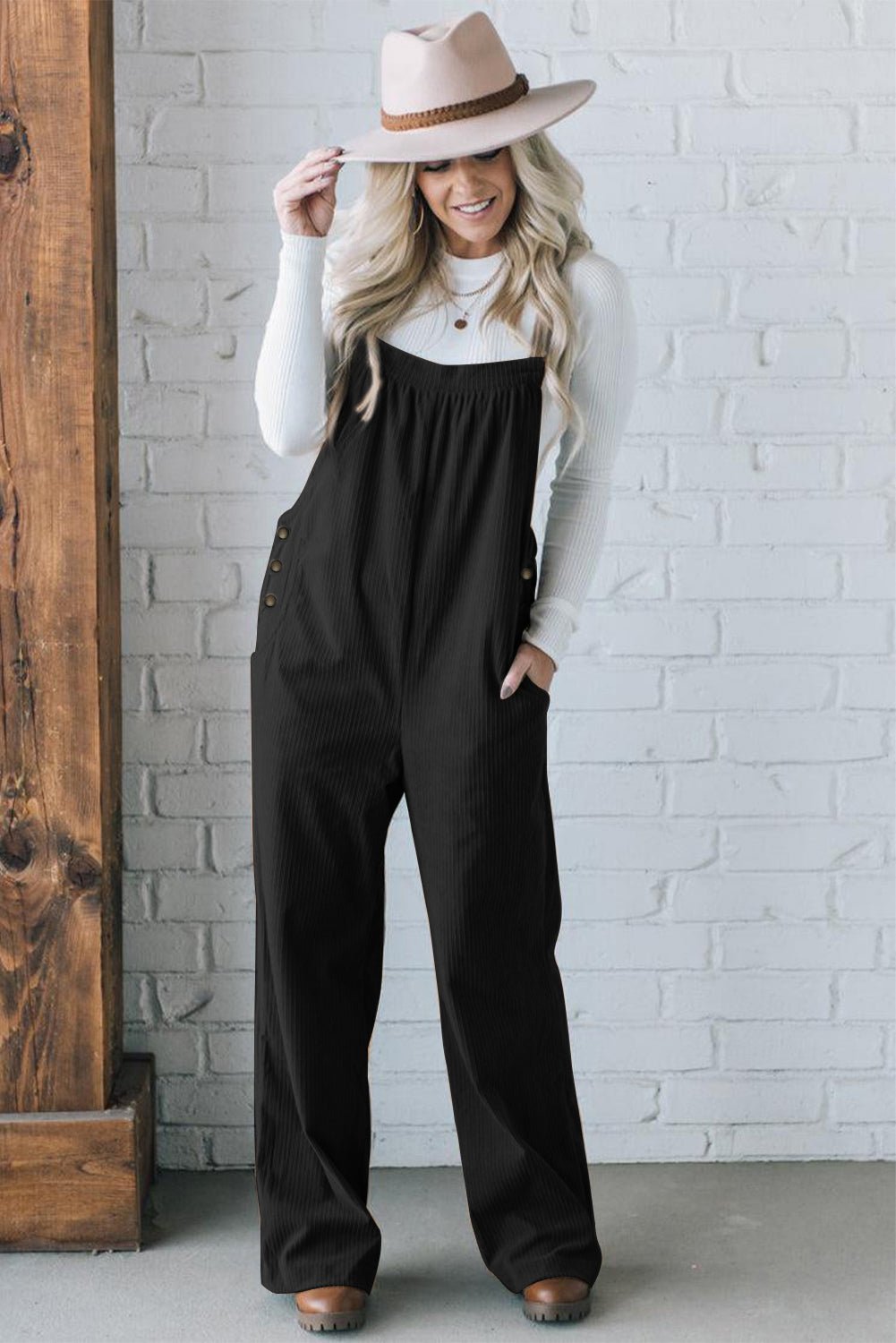 Black Plain Pocketed Loose Fit Corduroy Overalls - Creative Designs by Shanny