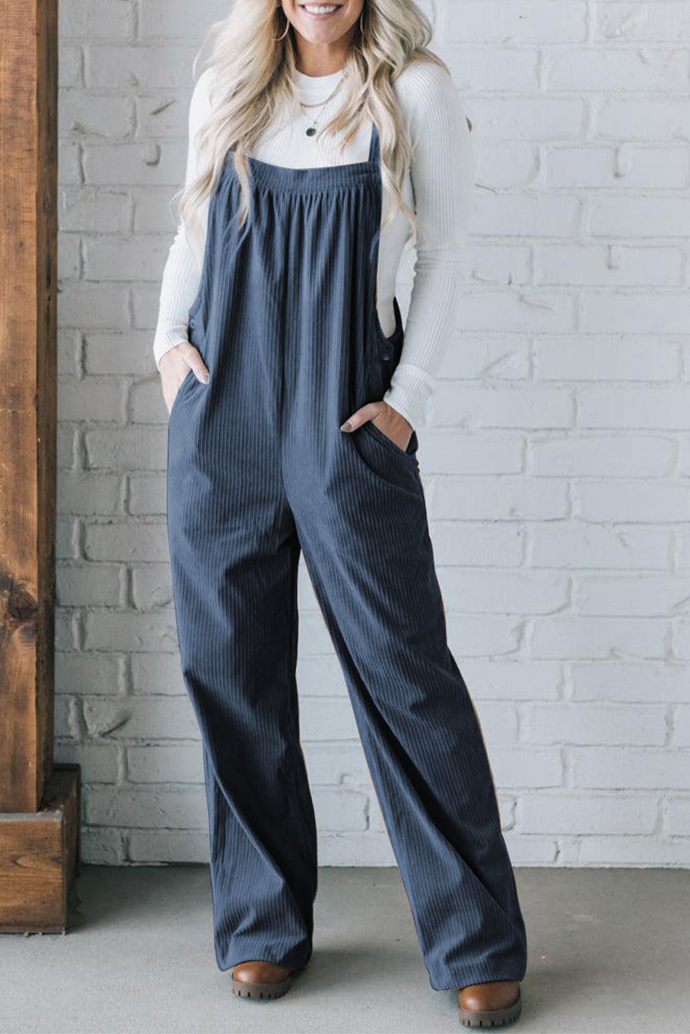 Black Plain Pocketed Loose Fit Corduroy Overalls - Creative Designs by Shanny