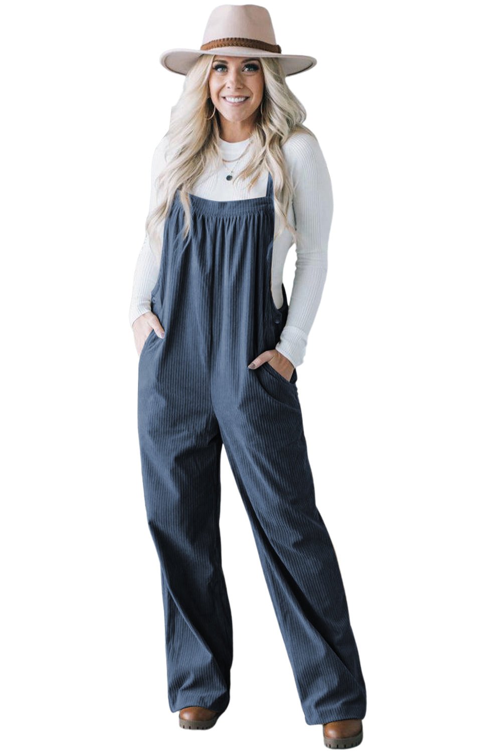 Black Plain Pocketed Loose Fit Corduroy Overalls - Creative Designs by Shanny