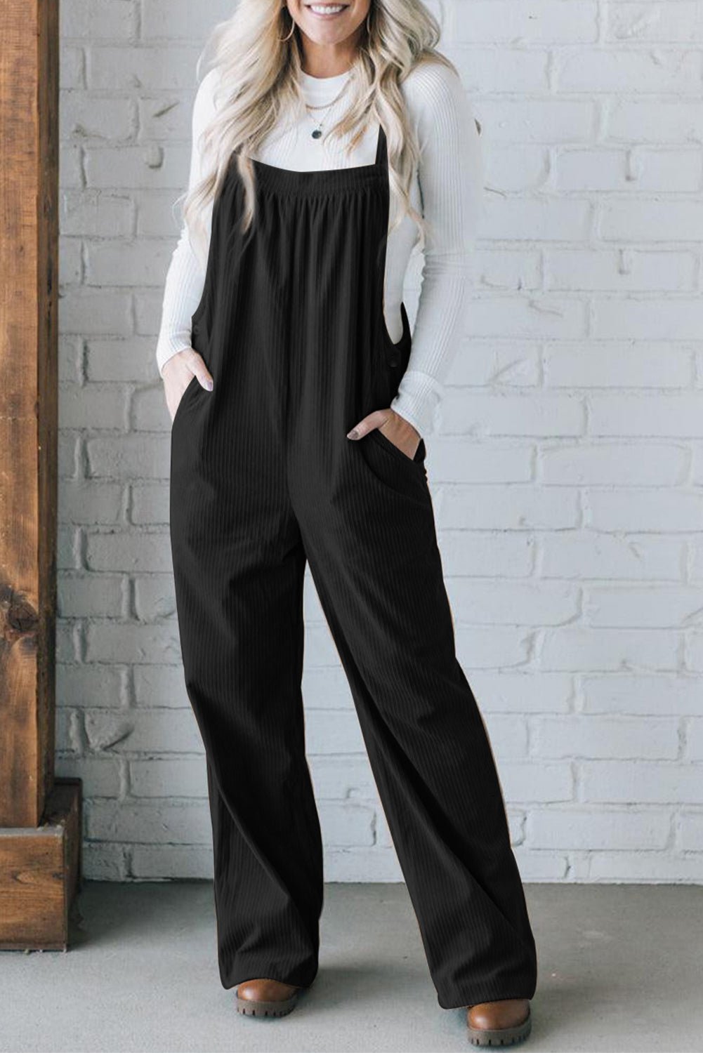 Black Plain Pocketed Loose Fit Corduroy Overalls - Creative Designs by Shanny