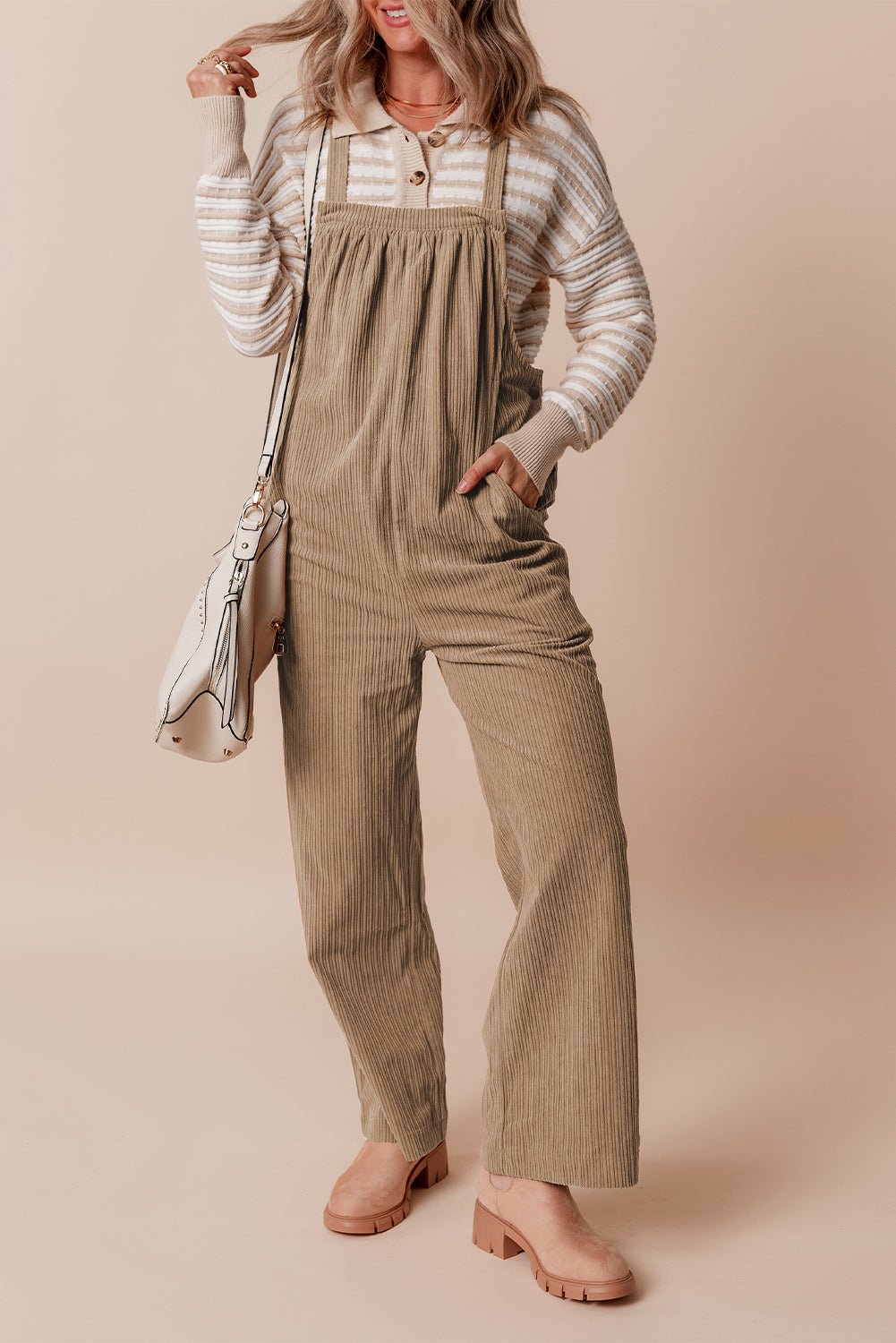 Black Plain Pocketed Loose Fit Corduroy Overalls - Creative Designs by Shanny