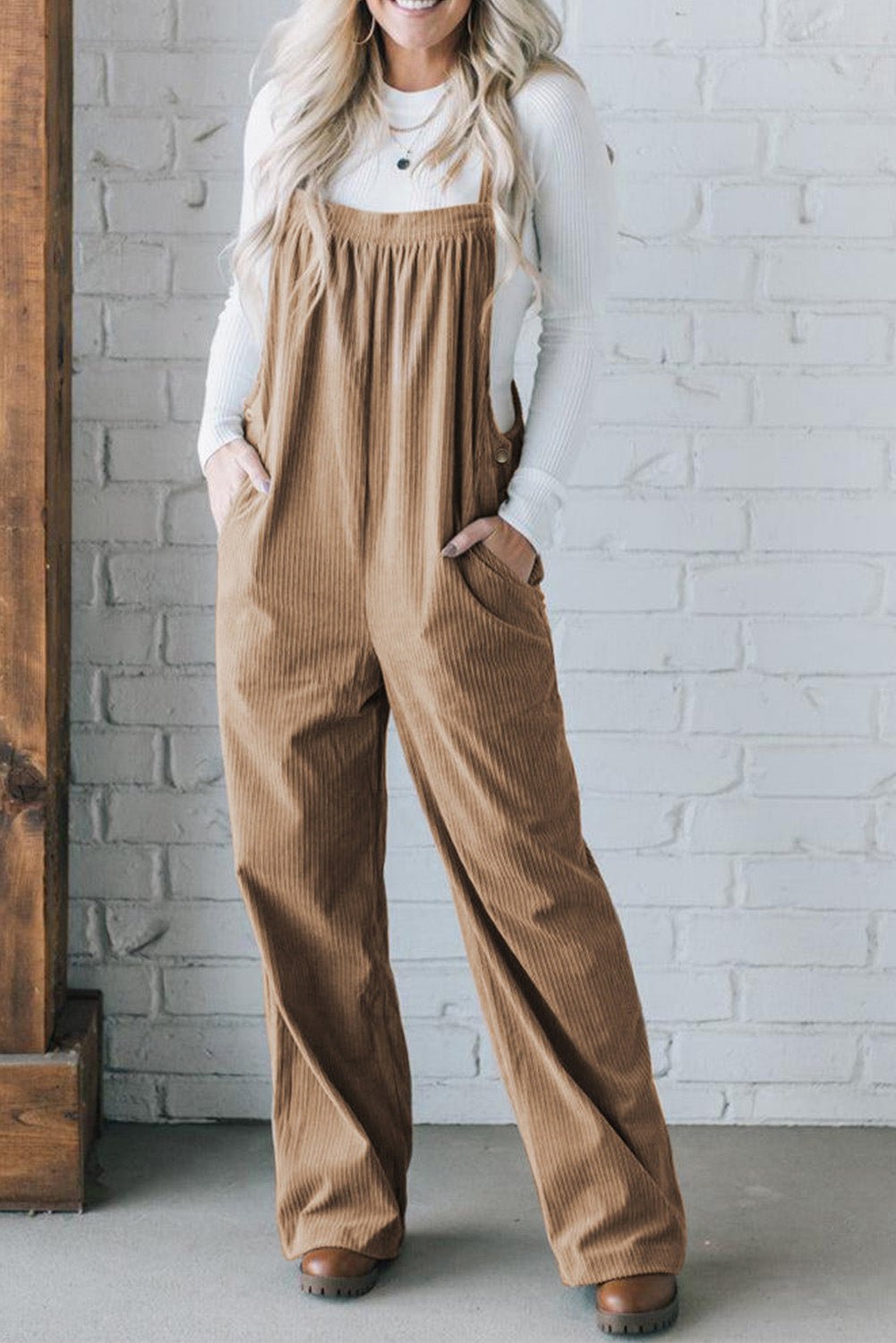 Black Plain Pocketed Loose Fit Corduroy Overalls - Creative Designs by Shanny