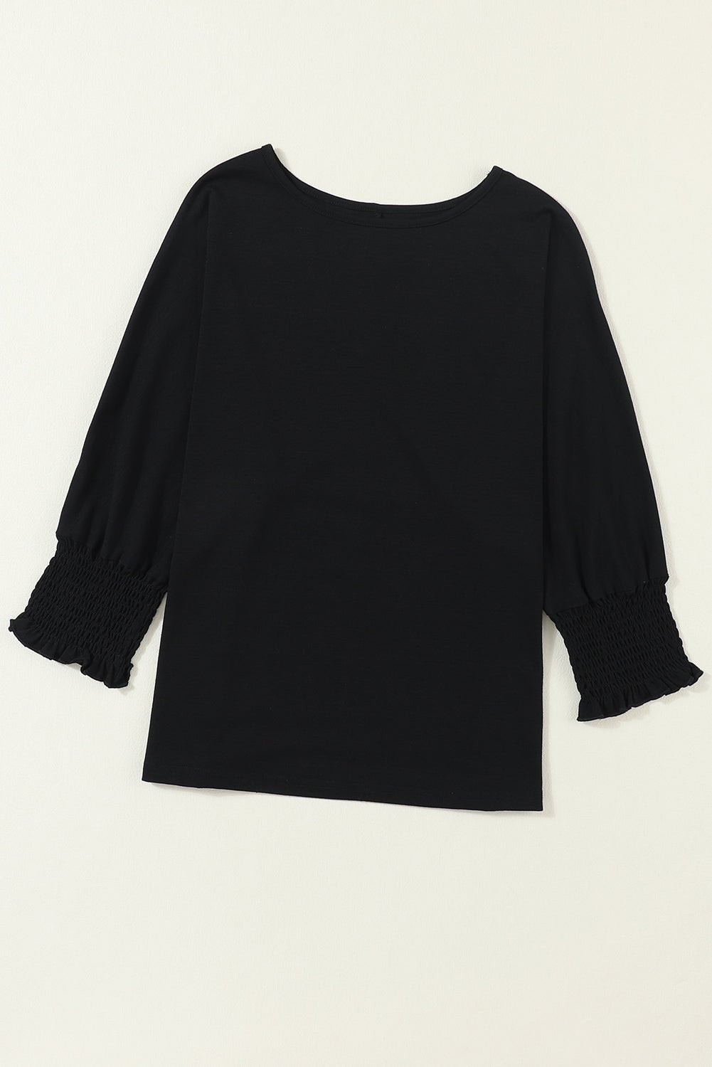 Black Plain Smocked 3/4 Sleeve Casual Loose T Shirt - Creative Designs by Shanny