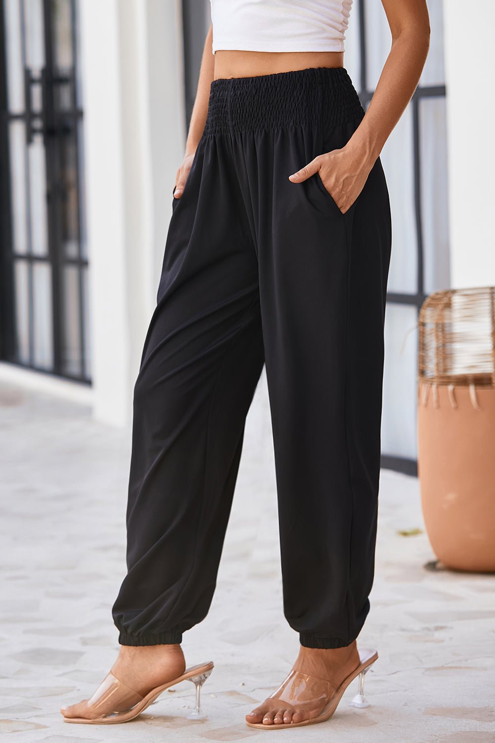 Black Pocketed Smocked High Waist Joggers - Creative Designs by Shanny