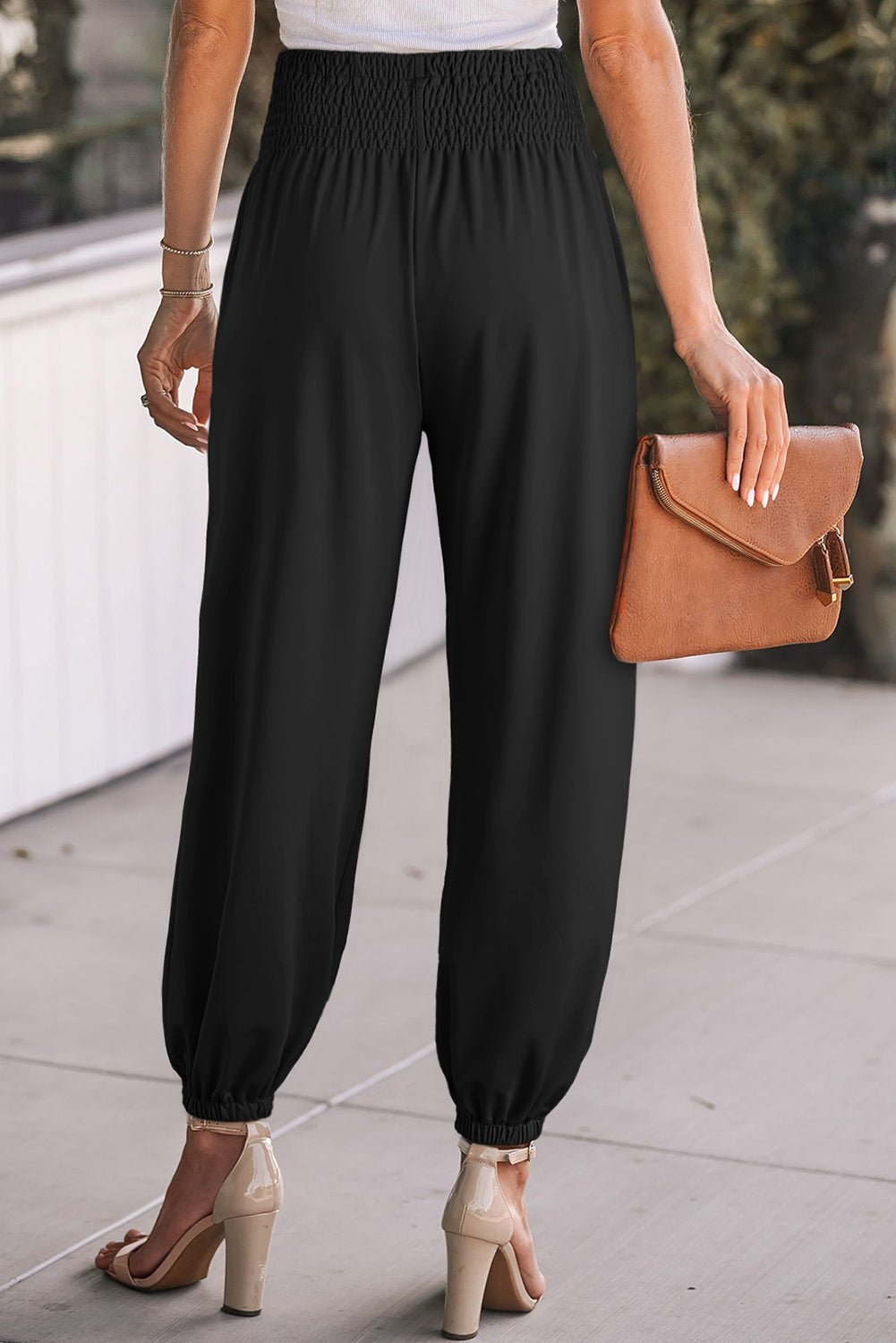 Black Pocketed Smocked High Waist Joggers - Creative Designs by Shanny