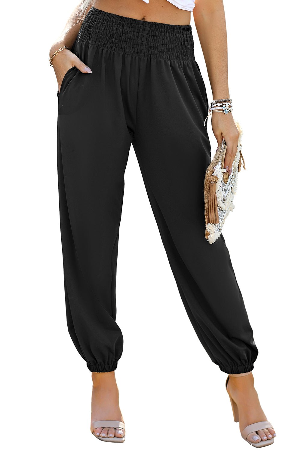 Black Pocketed Smocked High Waist Joggers - Creative Designs by Shanny