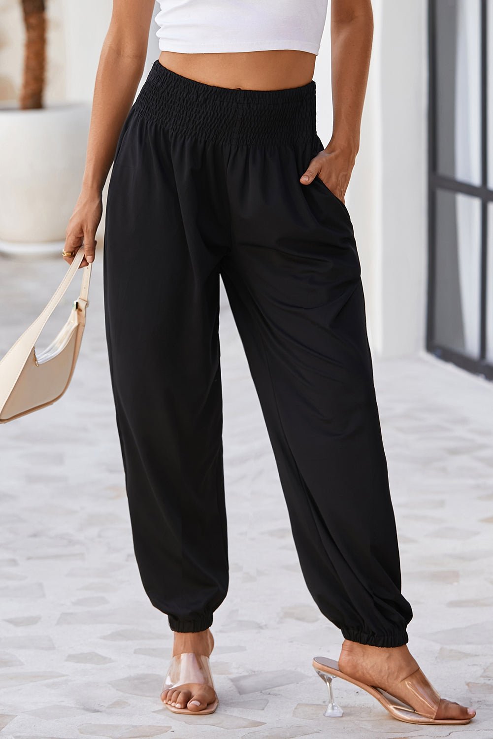 Black Pocketed Smocked High Waist Joggers - Creative Designs by Shanny