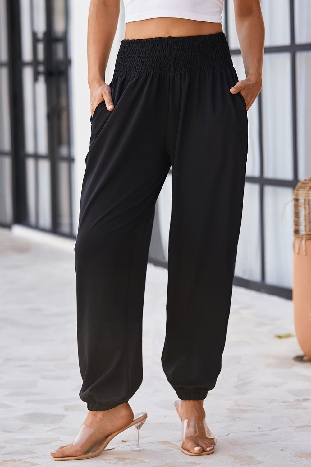 Black Pocketed Smocked High Waist Joggers - Creative Designs by Shanny