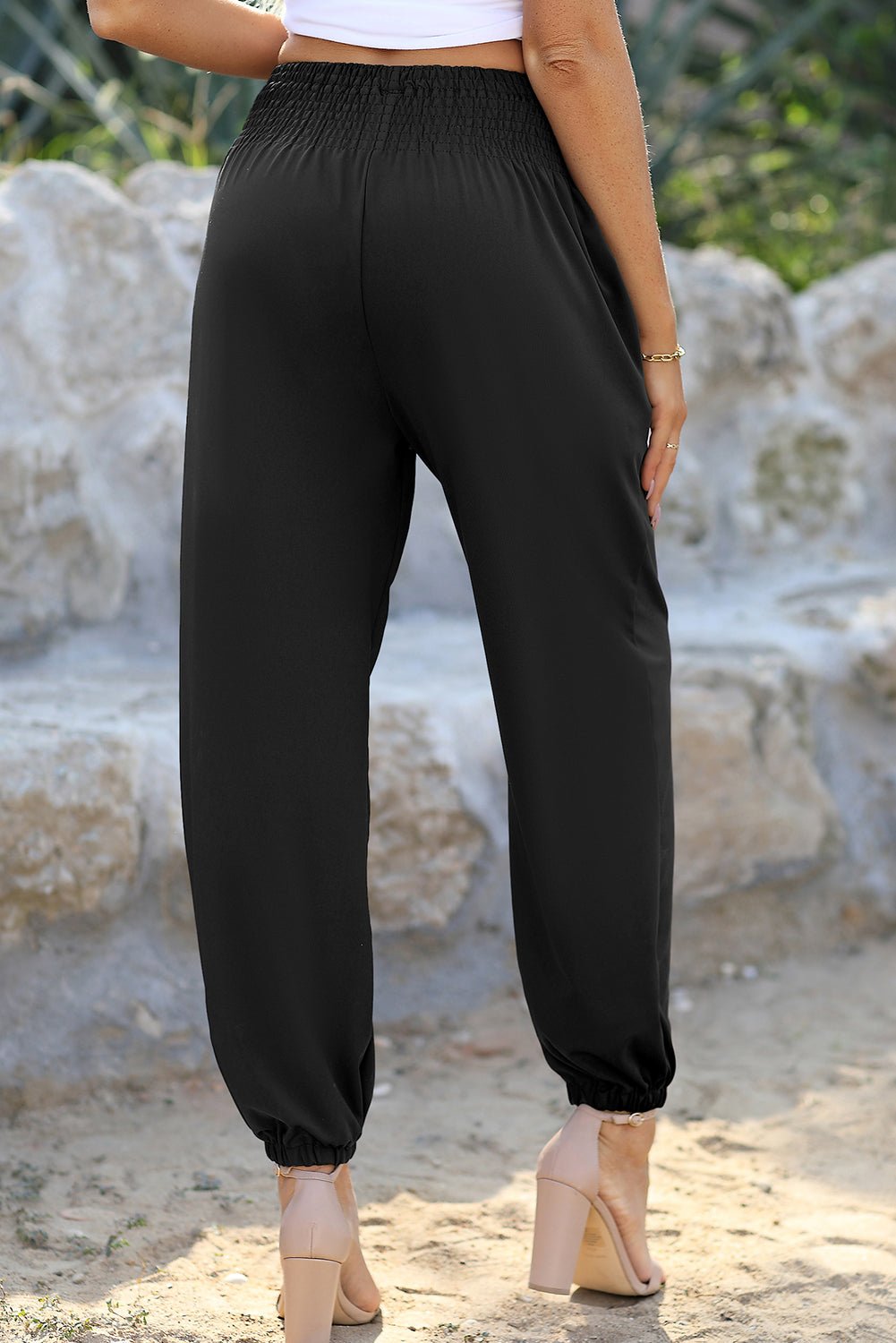 Black Pocketed Smocked High Waist Joggers - Creative Designs by Shanny