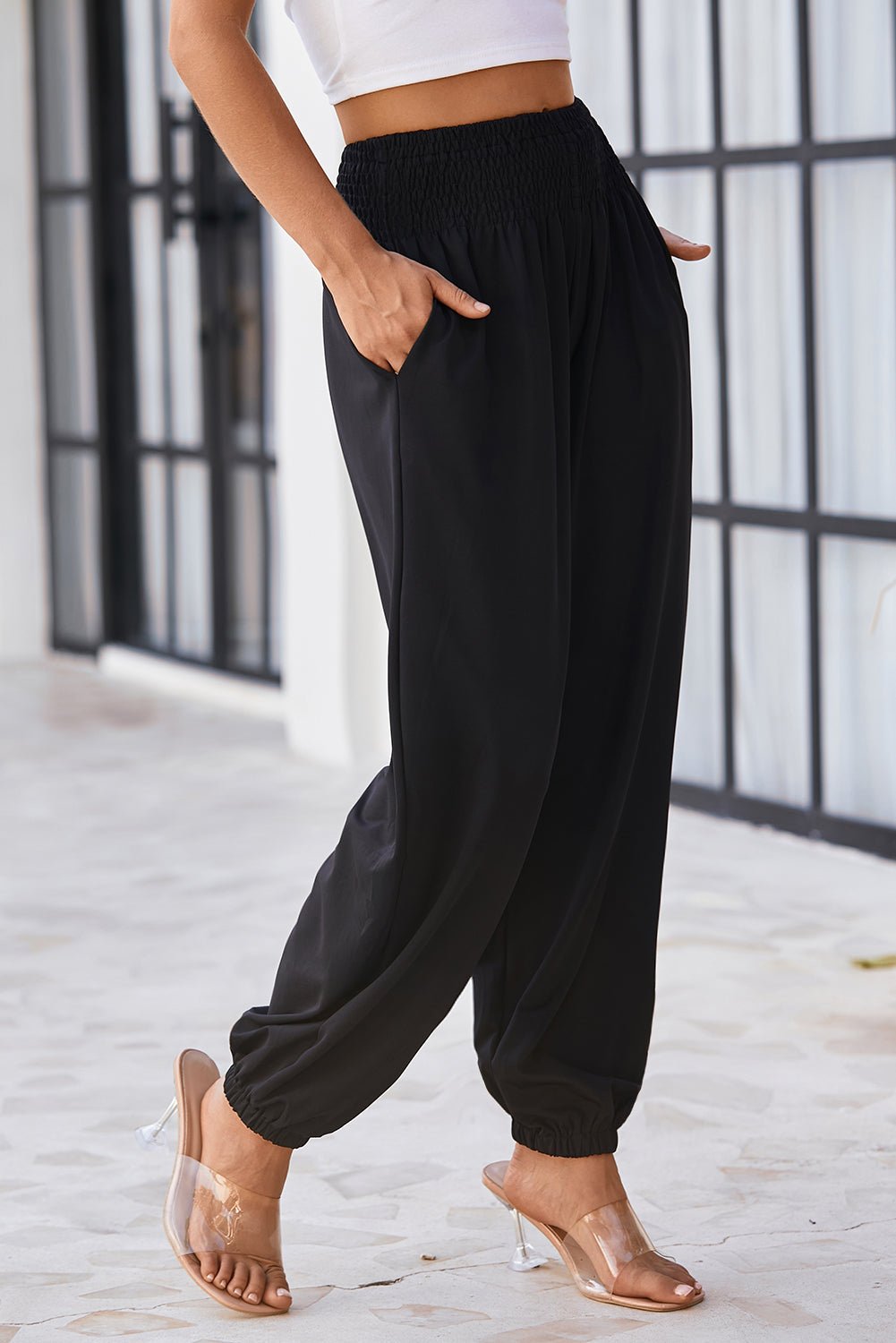 Black Pocketed Smocked High Waist Joggers - Creative Designs by Shanny