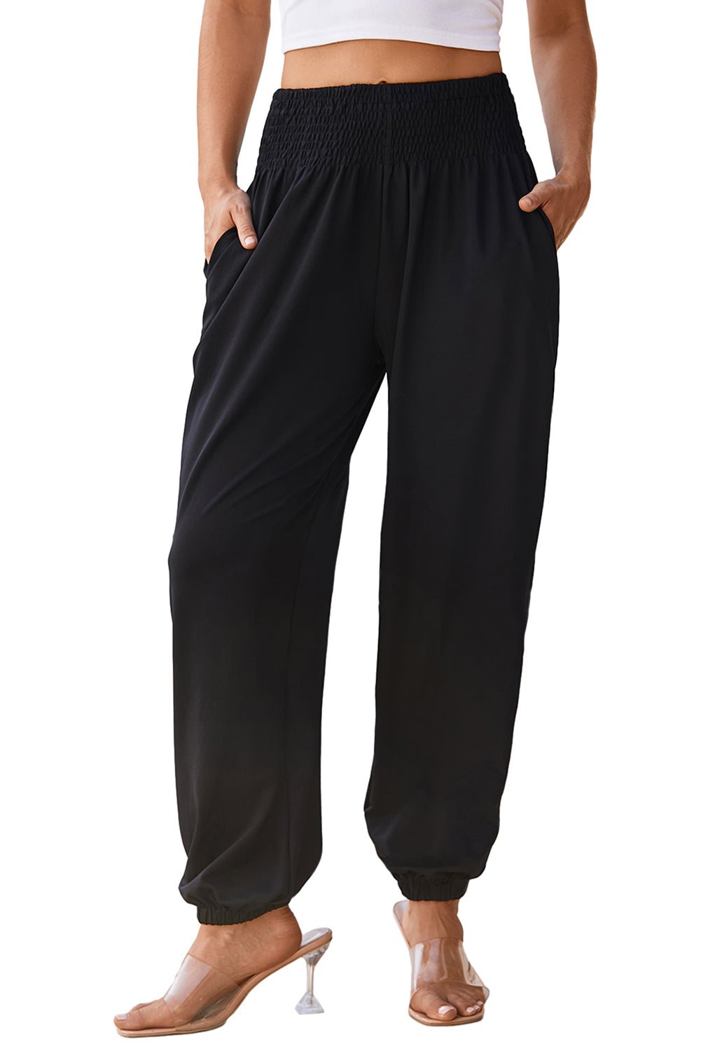 Black Pocketed Smocked High Waist Joggers - Creative Designs by Shanny