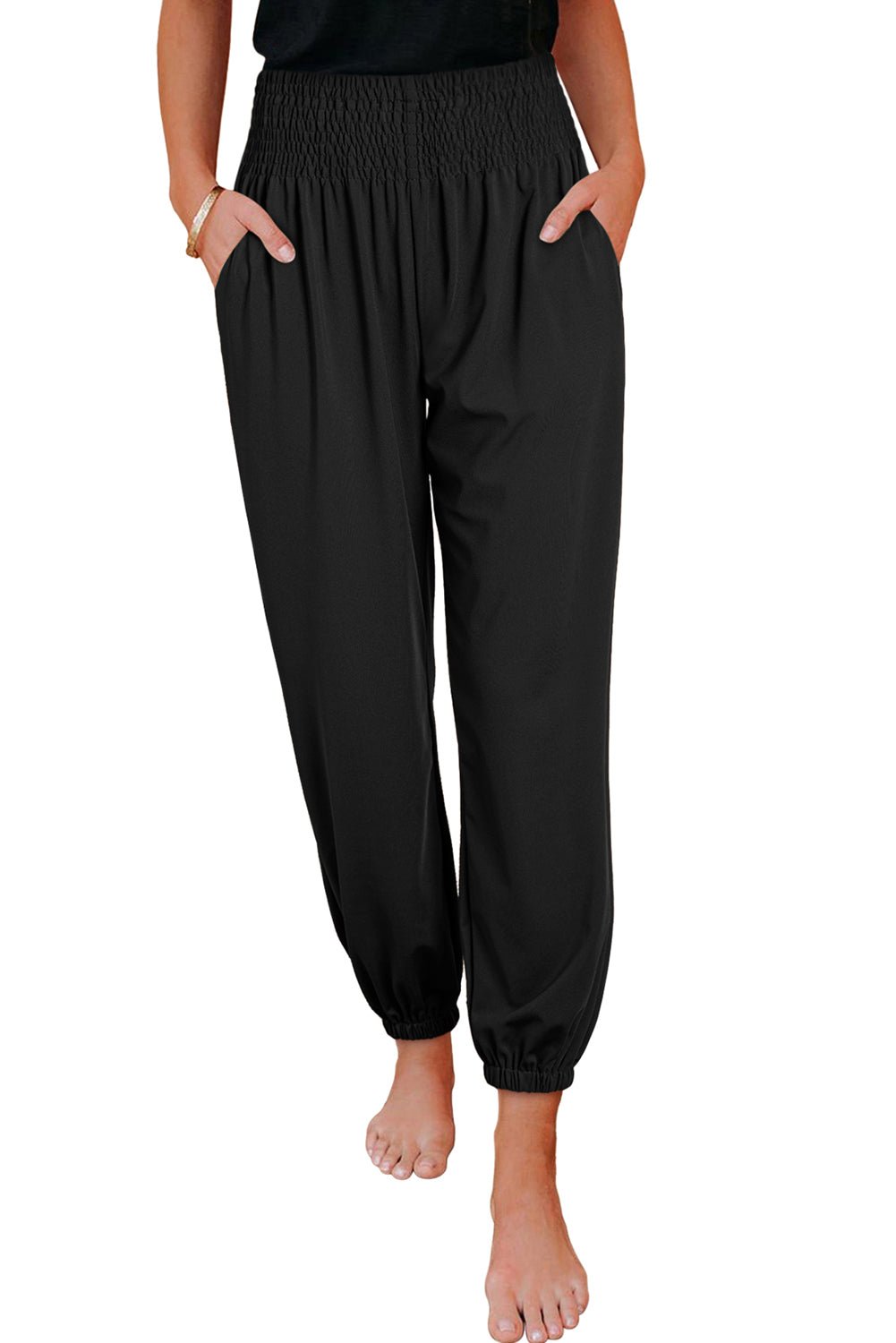 Black Pocketed Smocked High Waist Joggers - Creative Designs by Shanny