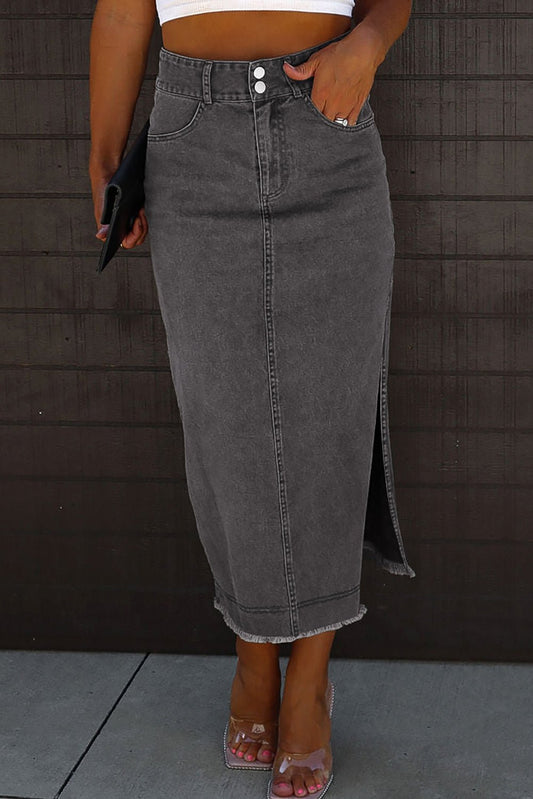 Black Raw Edge Side Slits Buttoned Midi Denim Skirt - Creative Designs by Shanny