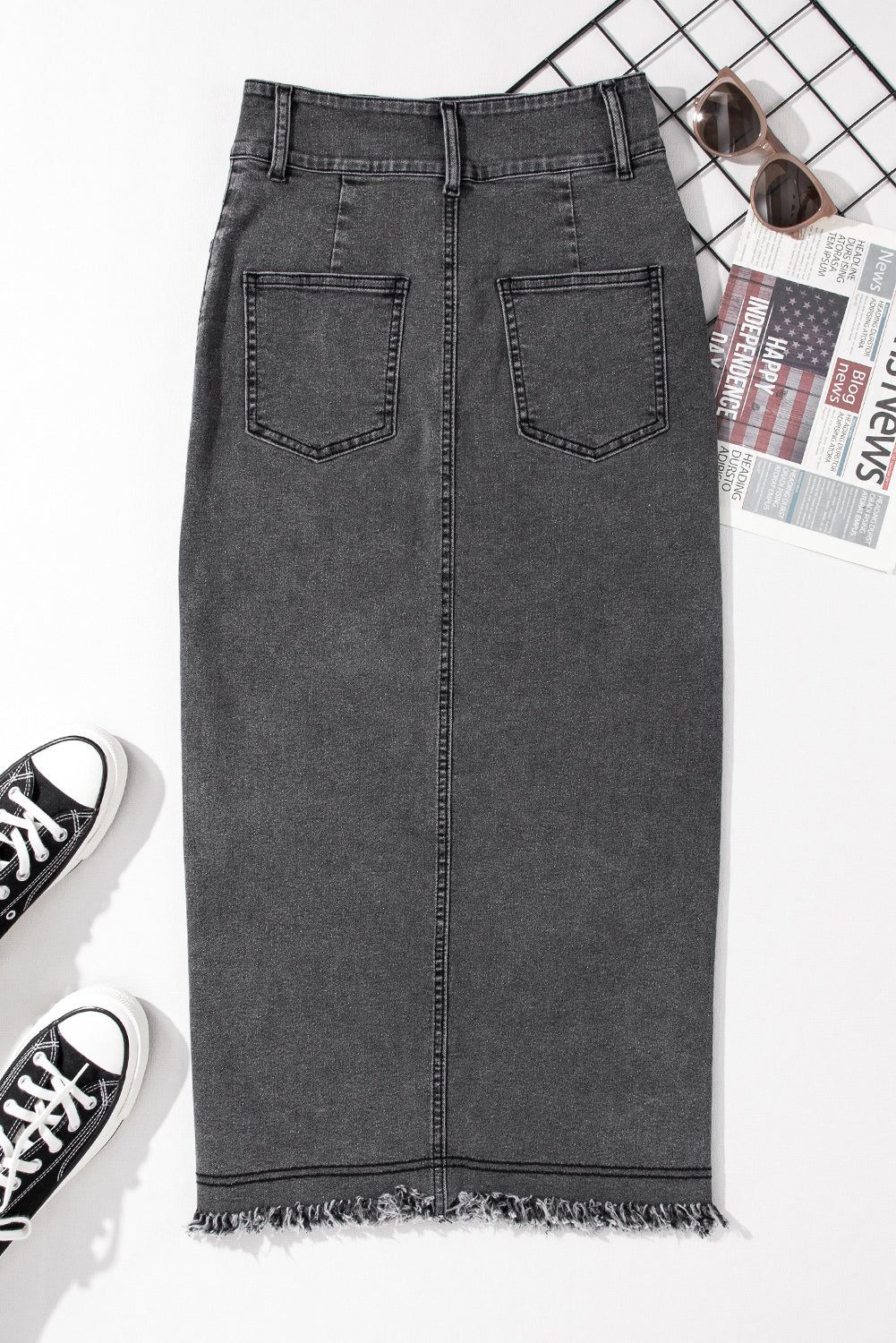 Black Raw Edge Side Slits Buttoned Midi Denim Skirt - Creative Designs by Shanny