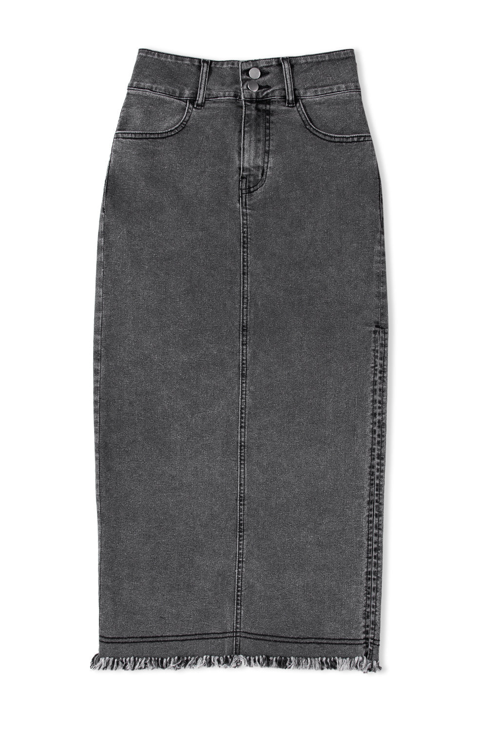 Black Raw Edge Side Slits Buttoned Midi Denim Skirt - Creative Designs by Shanny