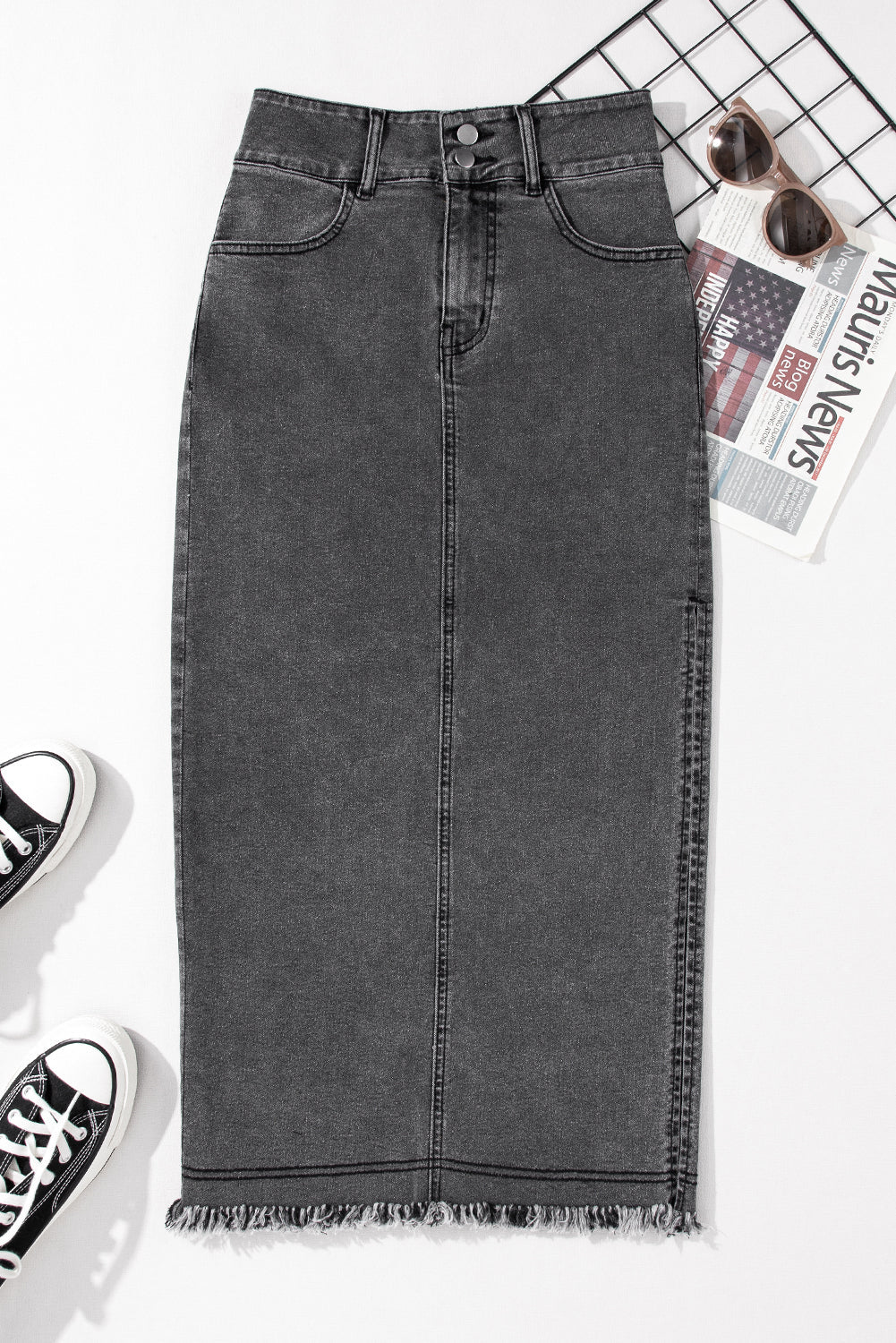 Black Raw Edge Side Slits Buttoned Midi Denim Skirt - Creative Designs by Shanny